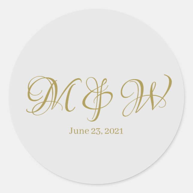 Wedding gold script monogram elegant custom grey classic round sticker (Front)