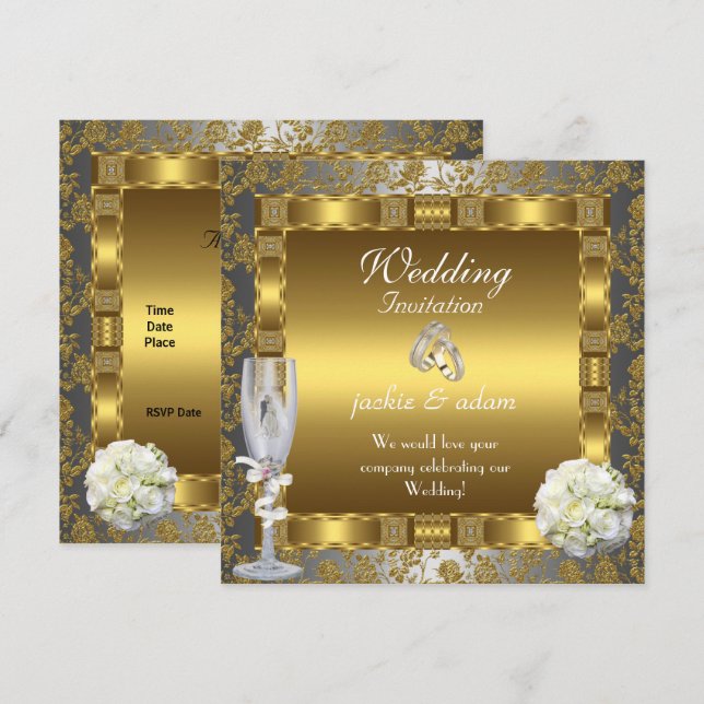 Wedding Gold Silver White Antique Floral Rings Invitation (Front/Back)