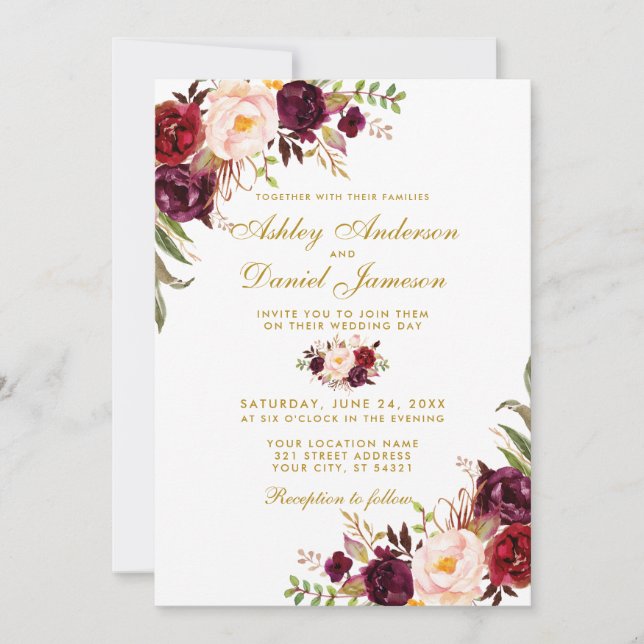 Wedding Gold Watercolor Burgundy Floral W Invitation (Front)