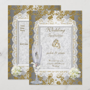 Wedding Gold White Antique Lace Floral Rings Invitation