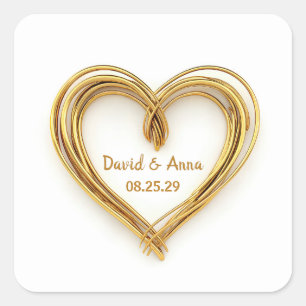 Wedding Gold Wired Heart On White Square Sticker