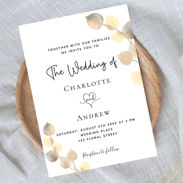 Wedding golden eucalyptus white gold invitation (Creator Uploaded)