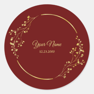 Wedding Golden Floral Geometric Wreath Red Party  Classic Round Sticker