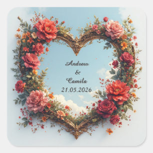 Wedding Golden Heart Frame Square Sticker