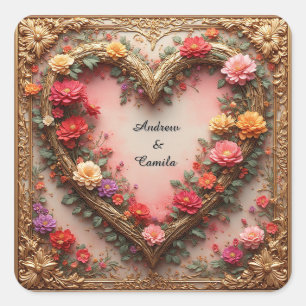Wedding Golden Heart Frame Square Sticker