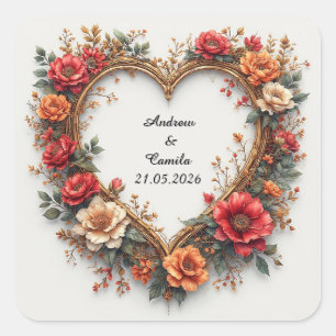 Wedding Golden Heart Frame Square Sticker