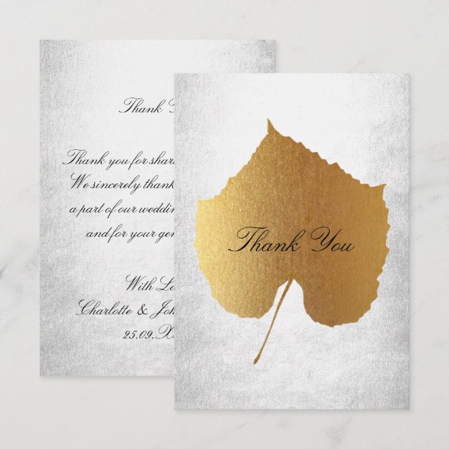 Wedding Golden Leaf Silver Thank You Invitation (Front/Back)