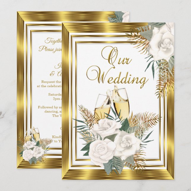 Wedding Golden White Rose Champagne Gold 2 Invitation (Front/Back)