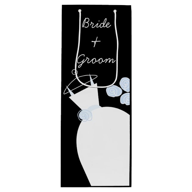 Wedding Gown Blue Bride and Groom black wine Wine Gift Bag (Front)