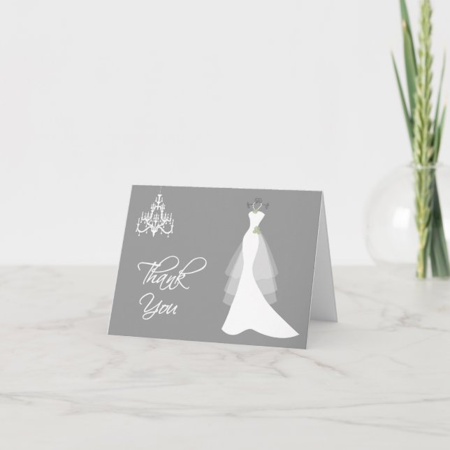 Wedding gown, chandelier on grey Thank You card (Front)