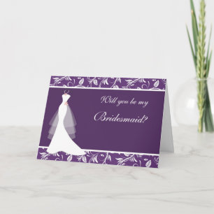 Wedding gown, damask on purple  Bridesmaid Invitation