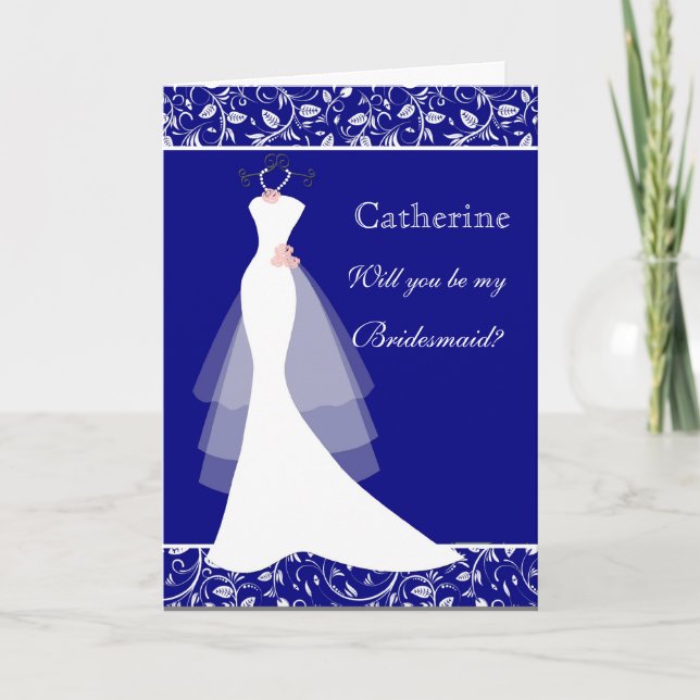 Wedding gown, damask on royal blue  Bridesmaid Invitation (Front)