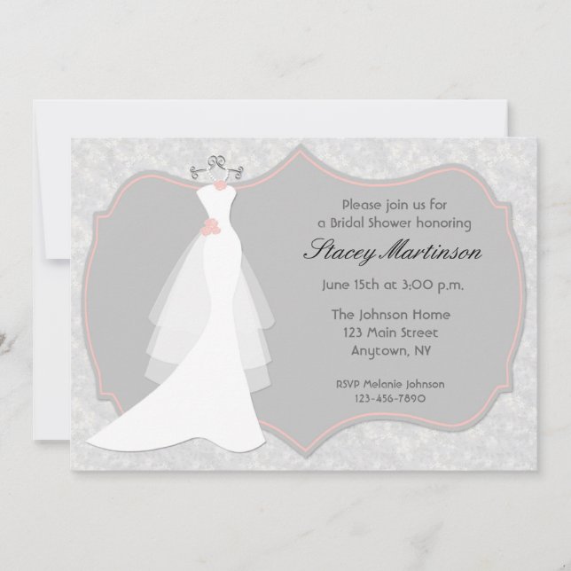 Wedding Gown, Grey, Peach Shower Invitation (Front)