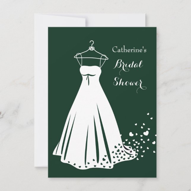 Wedding gown, hearts on green Bridal Shower Invite (Front)