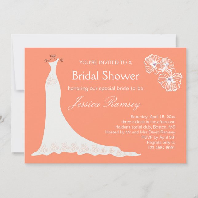 Wedding gown on coral colour Bridal Shower Invitation (Front)