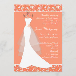 Wedding gown on light coral Bridal Shower Invite