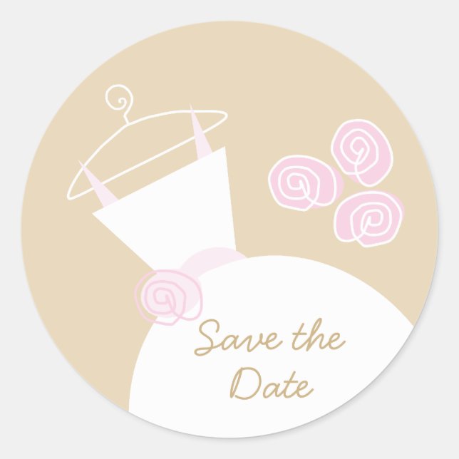 Wedding Gown Pink Beige 'Save the Date' round Classic Round Sticker (Front)