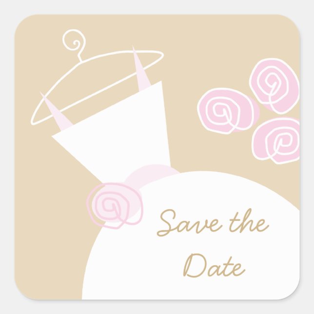 Wedding Gown Pink Beige 'Save the Date' square Sticker (Front)