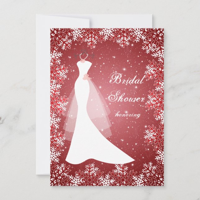 Wedding gown, snowflakes on red Bridal Shower Invitation (Front)