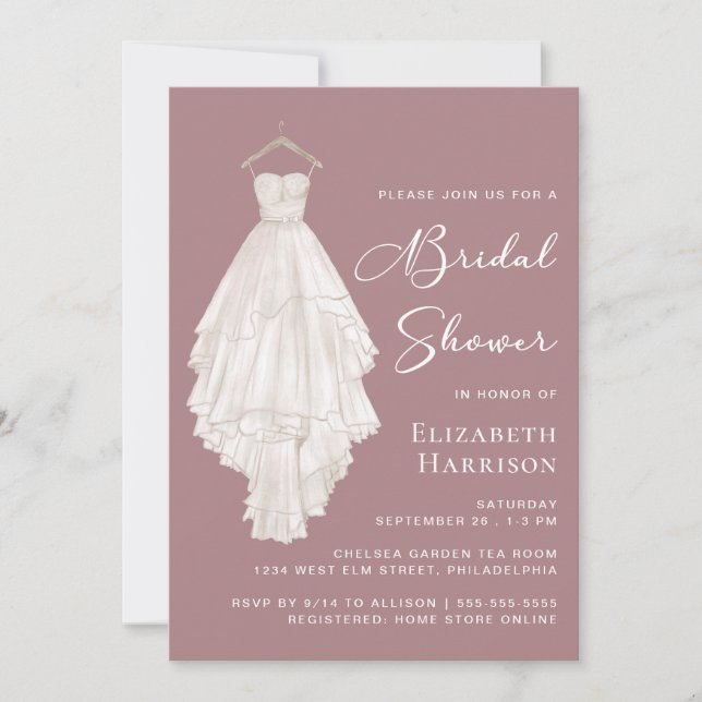 Wedding Gown Watercolor Dusty Rose Bridal Shower Invitation (Front)