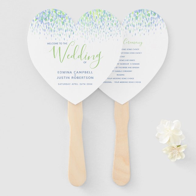 Wedding green blue dabs modern watercolor program hand fan (Front and Back)