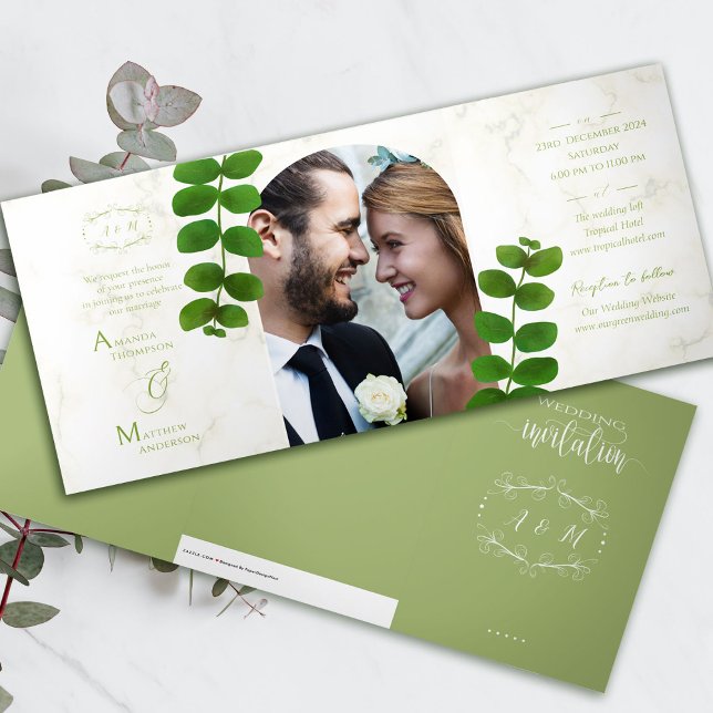 Wedding Green Chic Invitation (Chic Green Photo Folding Invitation Card. )