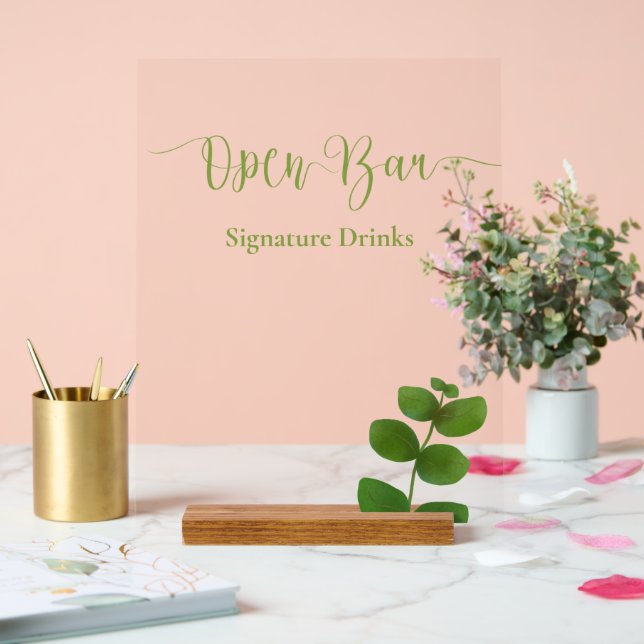 Wedding Green Chic Open Bar Acrylic Sign (Wedding)