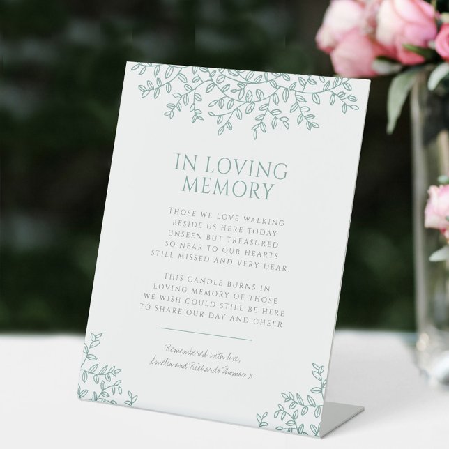 Wedding green leaf monogram in loving memory pedestal sign (Creator Uploaded)