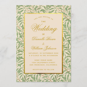 Wedding Green Leaves Faux Gold Morris Willow Invitation