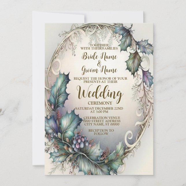 Wedding Green Purple Leaves Frame Golden Elegant Invitation (Front)