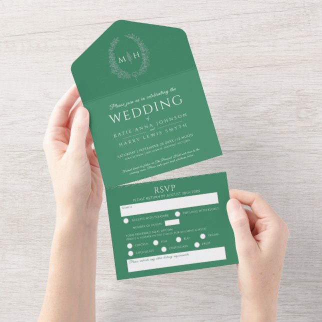 Wedding green white silver oval leaves monogram all in one invitation (Tearaway)