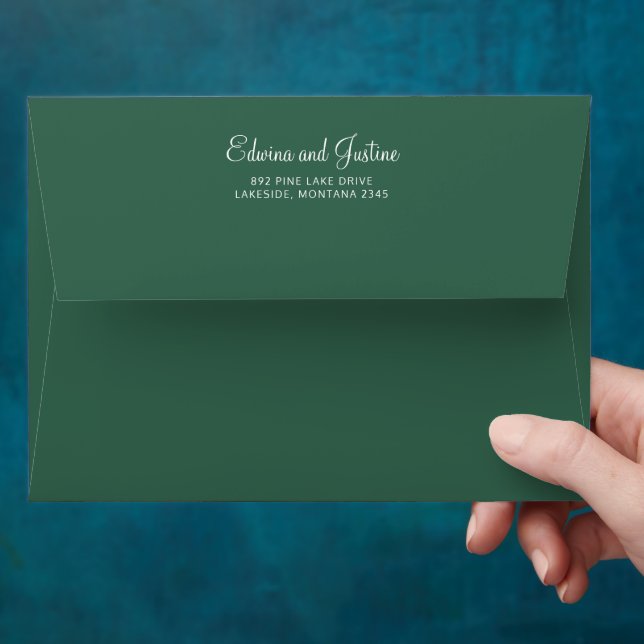 Wedding green with white text reply address  envelope (Hand)