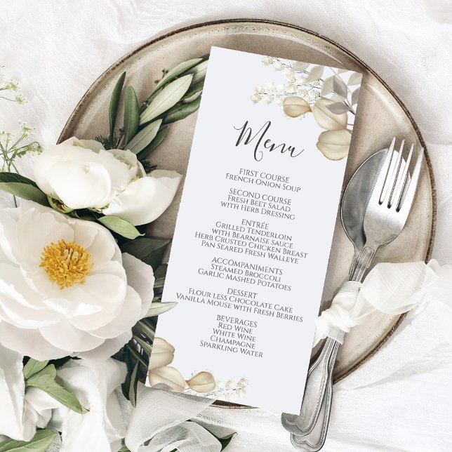 Wedding Greenery Calligraphy Menu Script (Wedding menu card with calligraphy script and elegant foliage.)