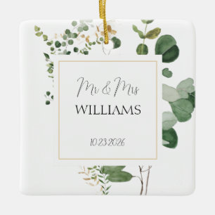 Wedding Greenery Couple PHOTO Elegant Newlyweds Ceramic Ornament