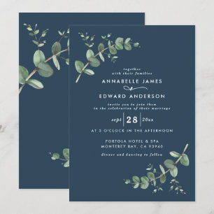 Wedding greenery Eucalyptus botanical modern blue Invitation