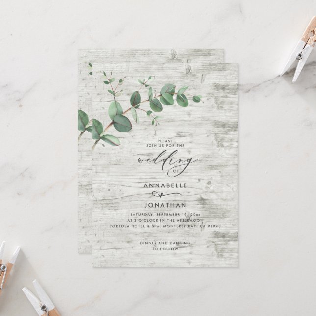Wedding greenery Eucalyptus botanical white wood Invitation (Front/Back In Situ)