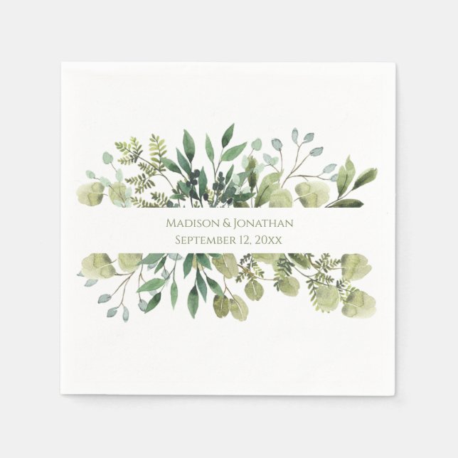 Wedding Greenery Eucalyptus Watercolor Names Date Napkin (Front)