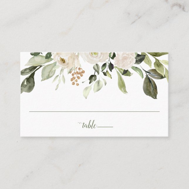 Wedding Greenery Foliage White Watercolor Floral Place Card (Front)