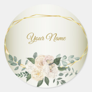 Wedding Greenery Leaves Pink Floral Gold Geometric Classic Round Sticker