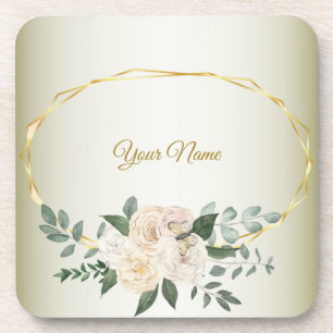 Wedding Greenery Leaves Pink Floral Gold Geometric Coaster
