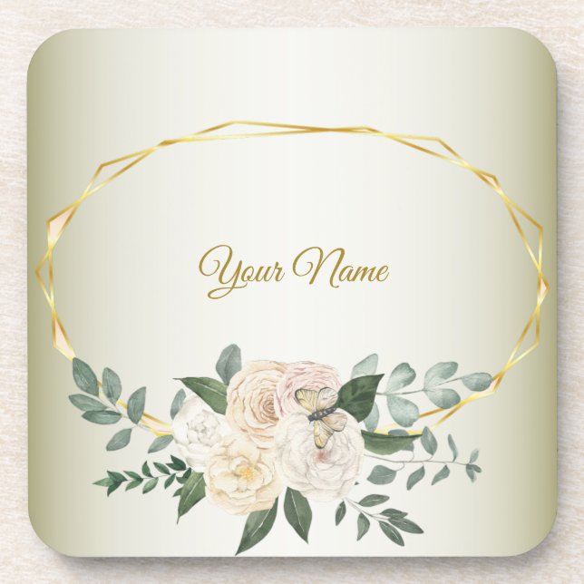 Wedding Greenery Leaves Pink Floral Gold Geometric Coaster (Front)