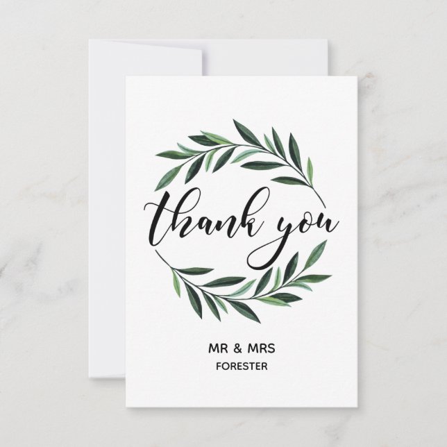 Wedding Greenery Wreath Flat Thank You Card (Front)
