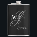 Wedding Groomsman Gift Elegant Monogram Cool Black Hip Flask<br><div class="desc">Wedding Groomsmen Groomsman Gift Elegant Monogram Initial Plus Name And Date, Cool Black Flask. Adds a special touch, with a monogrammed gift specially for your groomsman. Click personalize this template to customize it with your own monogram last name initial and your own first name and date quickly and easily. Wedding...</div>