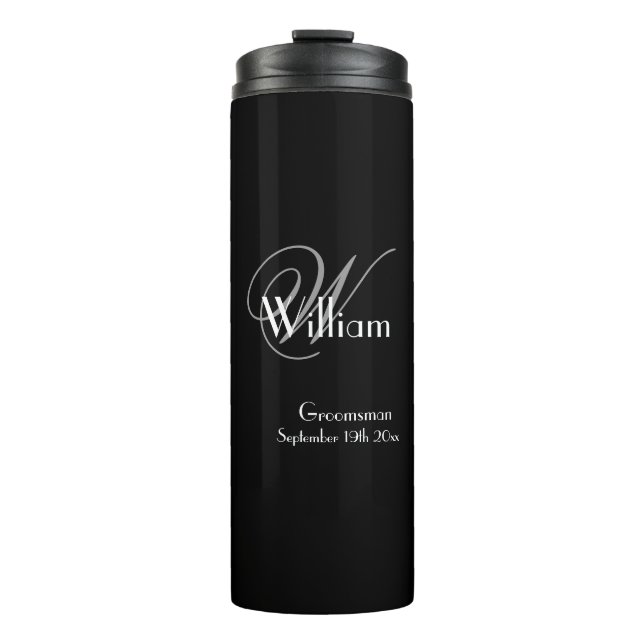 Wedding Groomsman Gift Modern Monogram Chic Black  Thermal Tumbler (Front)