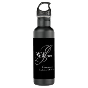 Wedding Groomsman Gift Modern Monogram Cool Black  710 Ml Water Bottle