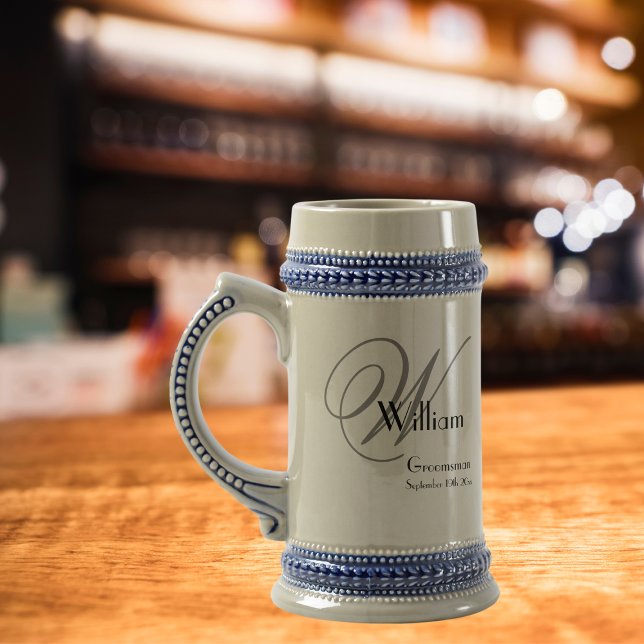 Wedding Groomsman Gift Modern Monogram Rustic Cool Beer Stein (A wonderful, classic beer stein or "Bierkrug". Enjoy your beer even more with this rustic beer mug.)