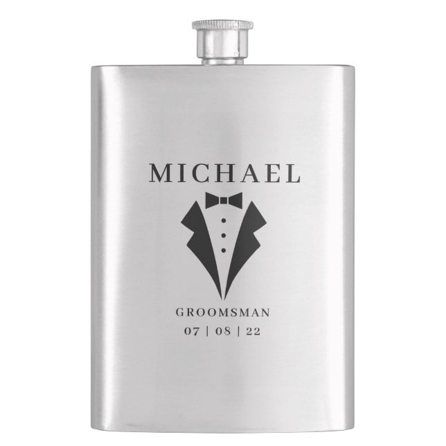 Wedding GROOMSMAN Personalized Name & Date Tuxedo Hip Flask (Front)