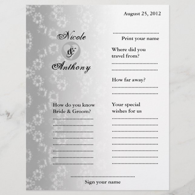 Wedding Guest Book Attended Vertical Grey Floral (Front)
