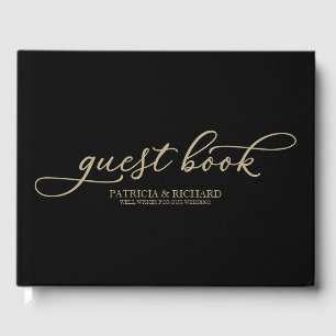 Wedding Guest Book Chic Gold Script Black