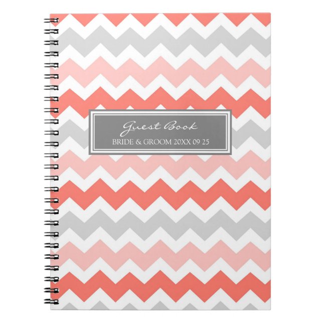 Wedding Guest Book Coral Grey Chevron Notebook (Front)
